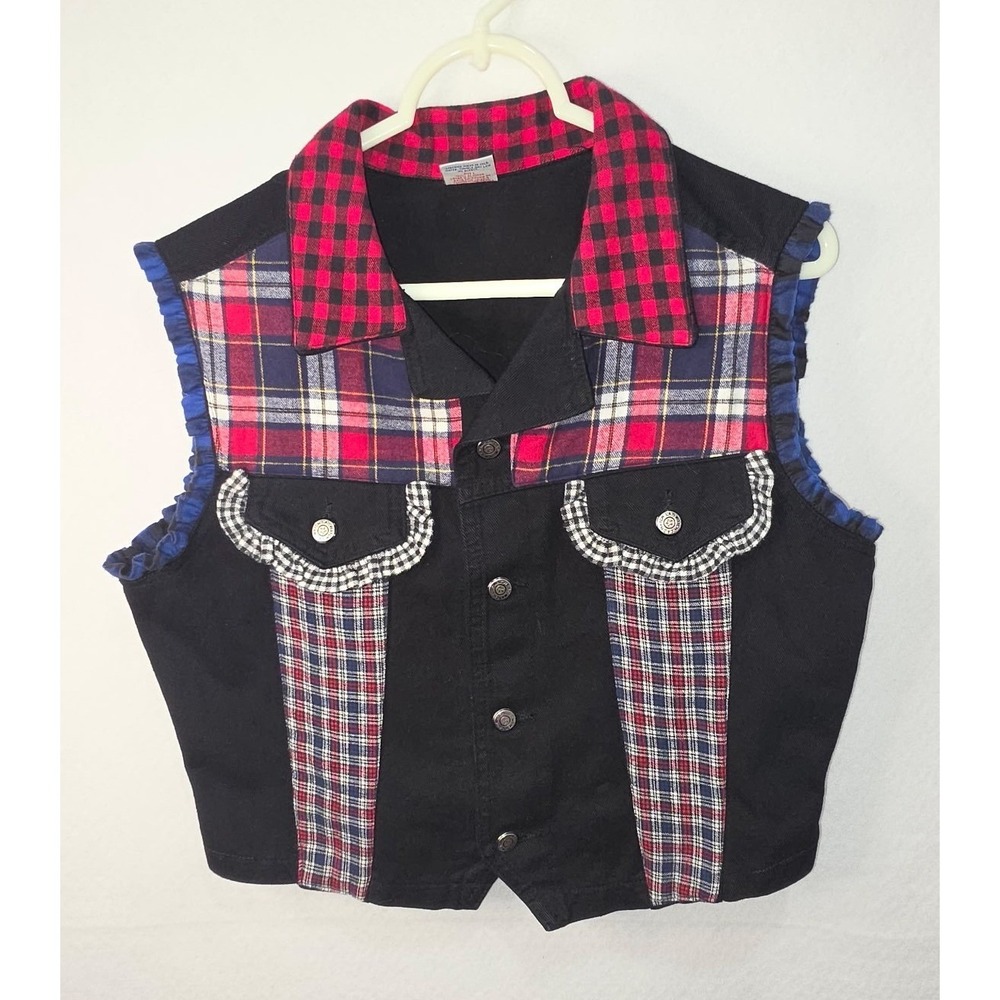 Y2K Watch LA Plaid Mixed Media Denim Vest Black Red Ruffle Trim Large USA